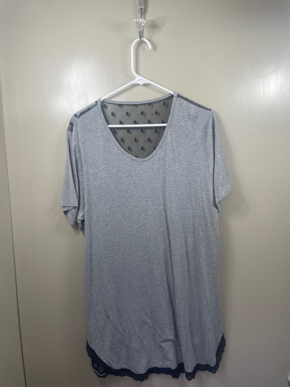 Gray Short Sleeve Tunic with Sheer Polka Dot Yoke